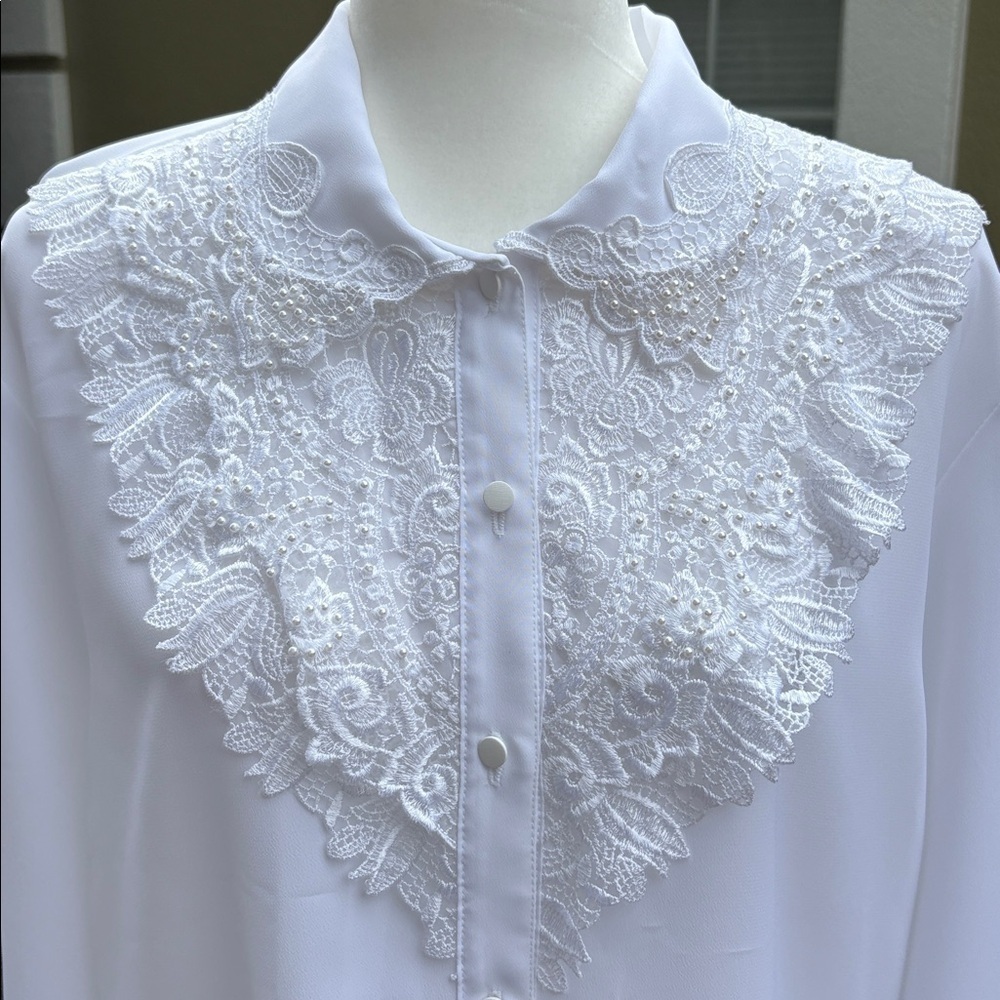 Vintage Kathy Che White Lace Collar Blouse - Picture 3 of 5
